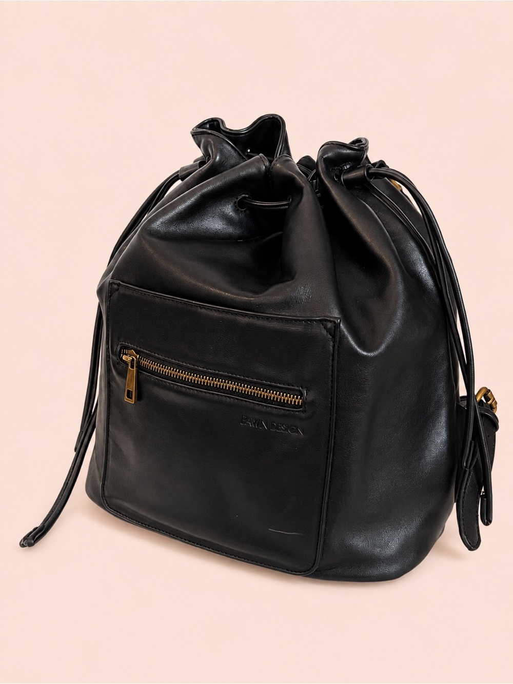 FAWN DESIGN Black Drawstring Leather Backpack with Front Zip Pocket